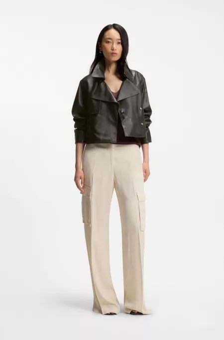 Trench-style leather jacket with inner drawcord