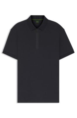 Framed-zip polo shirt in waffle jacquard, Dark Blue