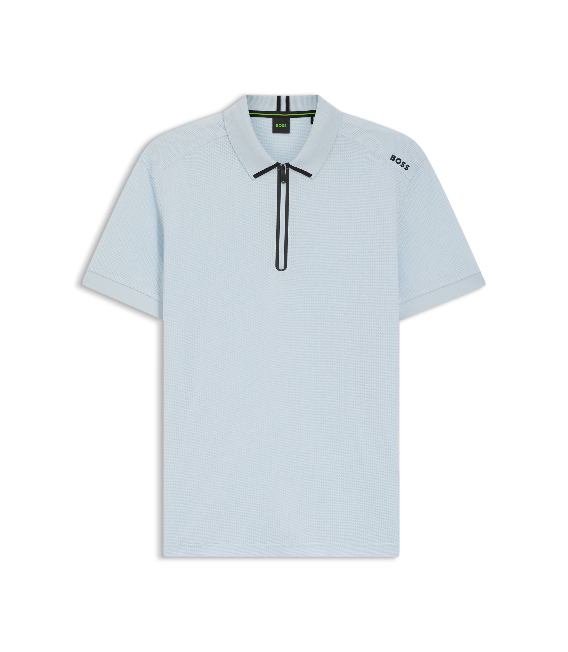 BOSS - Framed-zip polo shirt in waffle jacquard - Light Blue