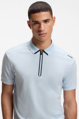 Framed-zip polo shirt in waffle jacquard, Light Blue