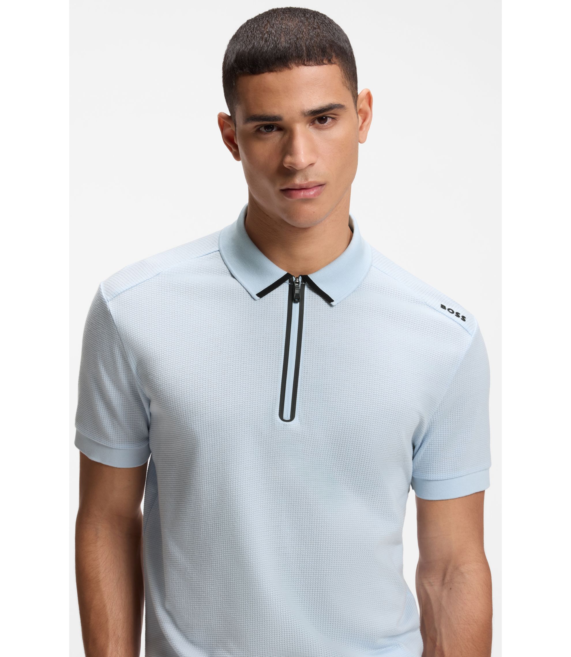 BOSS - Framed-zip polo shirt in waffle jacquard - Light Blue