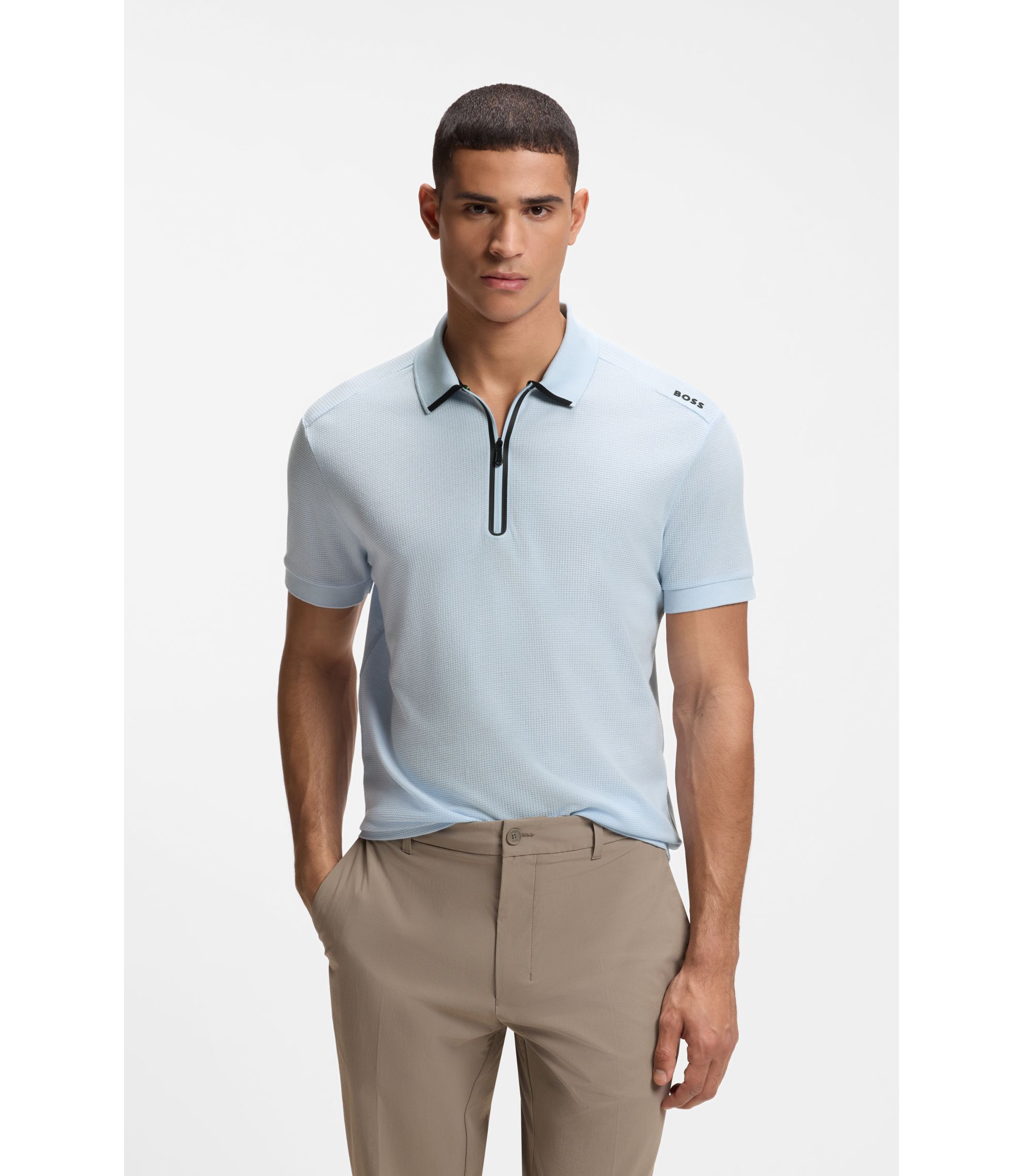 BOSS - Framed-zip polo shirt in waffle jacquard - Light Blue