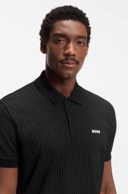 Cotton-piqu&eacute; polo shirt with all-over print, Black