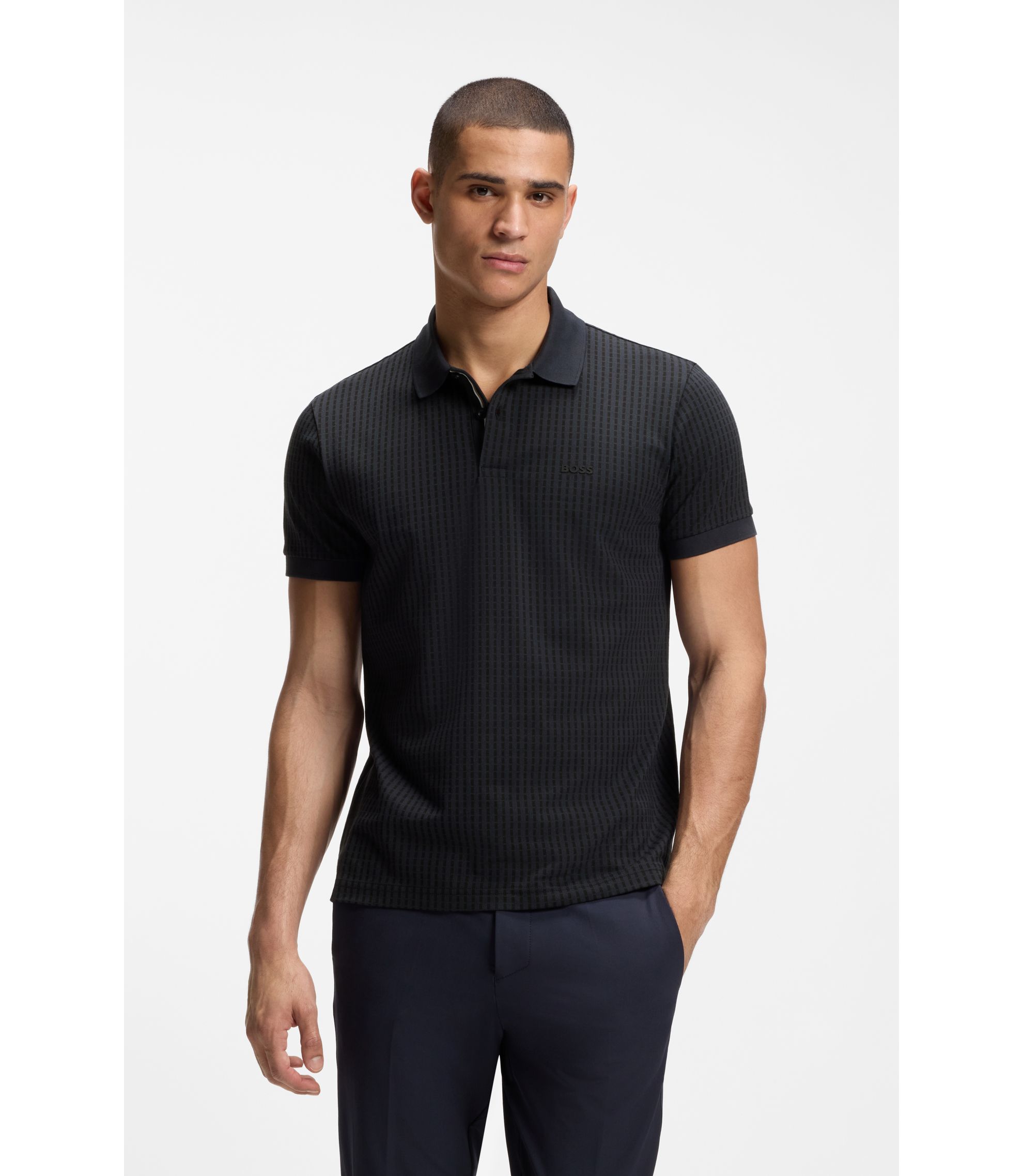 BOSS - Cotton-piqué polo shirt with all-over print - Dark Blue