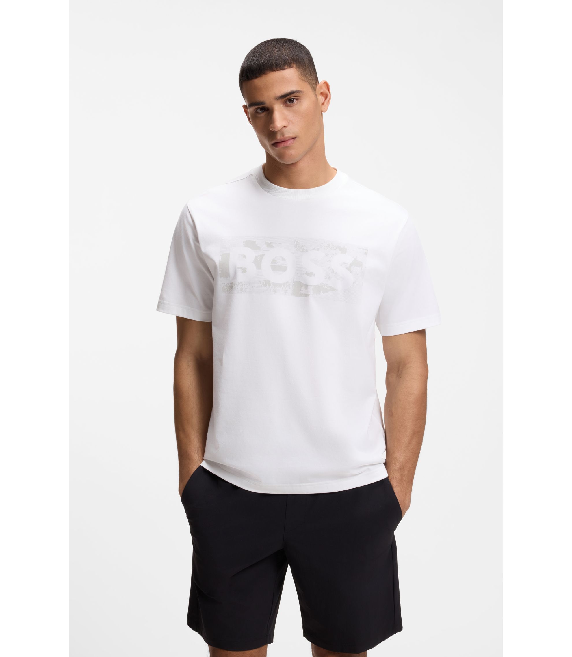 BOSS - Logo-artwork T-shirt in stretch cotton - White