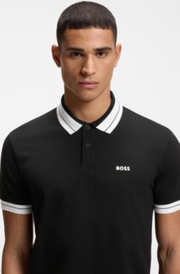 Stripe-trim polo shirt in stretch cotton, Black