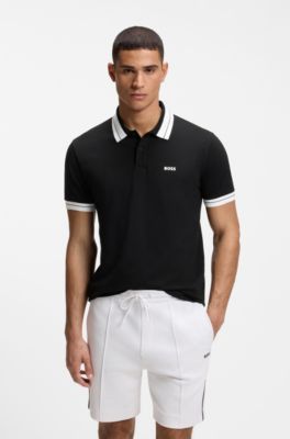 Stripe-trim polo shirt in stretch cotton, Black