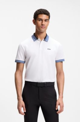 Polo en coton stretch avec d&eacute;tails ray&eacute;s, Blanc