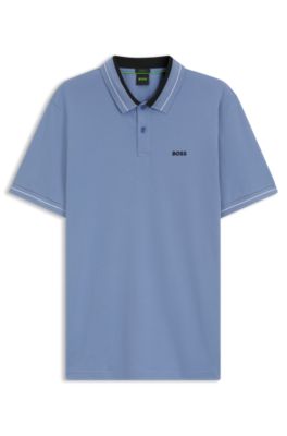 Stripe-trim polo shirt in stretch cotton, Light Blue