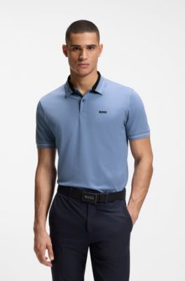 Stripe-trim polo shirt in stretch cotton, Light Blue