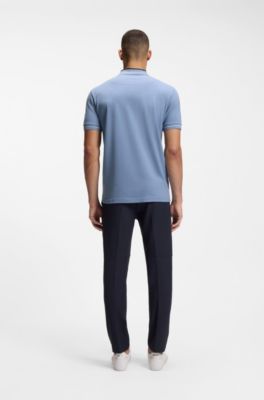 Stripe-trim polo shirt in stretch cotton, Light Blue