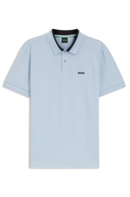 Stripe-trim polo shirt in stretch cotton, Light Blue