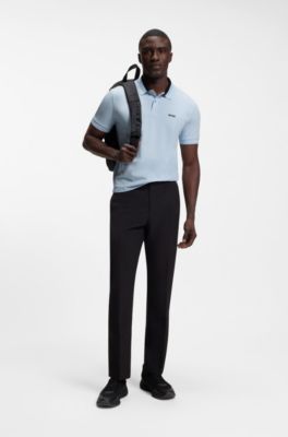 Stripe-trim polo shirt in stretch cotton, Light Blue
