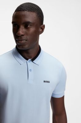 Stripe-trim polo shirt in stretch cotton, Light Blue