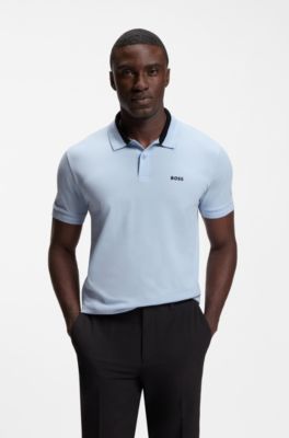 Stripe-trim polo shirt in stretch cotton, Light Blue
