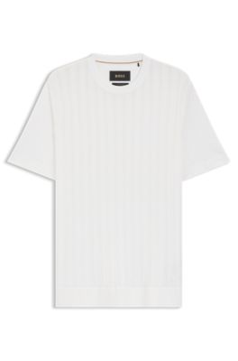T-shirt en coton et soie avec panneau avant en maille torsad&eacute;e, Blanc