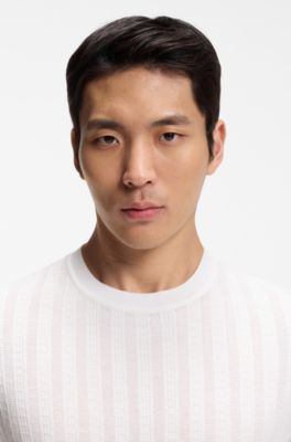 Camiseta de seda y algod&oacute;n con panel delantero de punto trenzado, Blanco