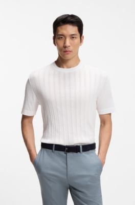 T-shirt en coton et soie avec panneau avant en maille torsad&eacute;e, Blanc