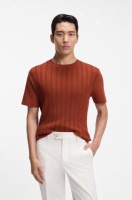 T-shirt en coton et soie avec panneau avant en maille torsad&eacute;e, Marron