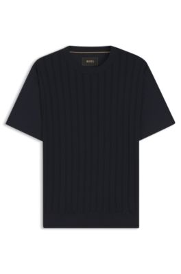 Camiseta de seda y algod&oacute;n con panel delantero de punto trenzado, Azul oscuro
