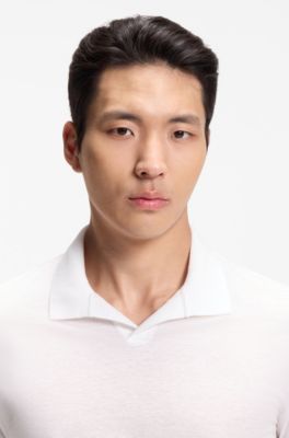 Cotton-linen polo shirt with Johnny collar, White