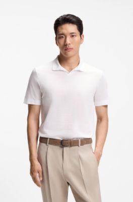 Cotton-linen polo shirt with Johnny collar, White