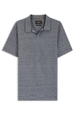 Polo &agrave; col Johnny en coton et lin, Bleu fonc&eacute;