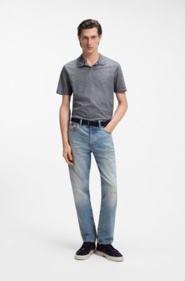 Polo &agrave; col Johnny en coton et lin, Bleu fonc&eacute;