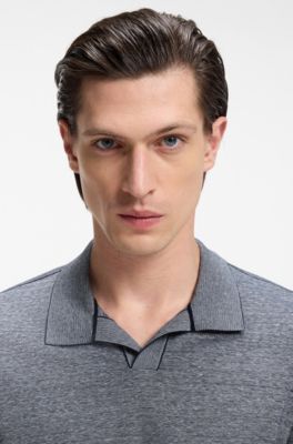 Polo de algod&oacute;n y lino con cuello abierto, Azul oscuro