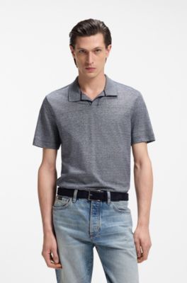 Polo &agrave; col Johnny en coton et lin, Bleu fonc&eacute;