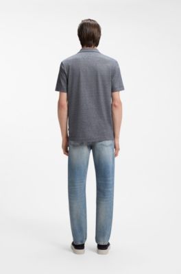 Polo de algod&oacute;n y lino con cuello abierto, Azul oscuro