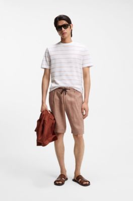 Cotton-linen T-shirt with horizontal stripe, White