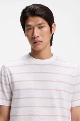 Cotton-linen T-shirt with horizontal stripe, White