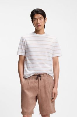 Cotton-linen T-shirt with horizontal stripe, White