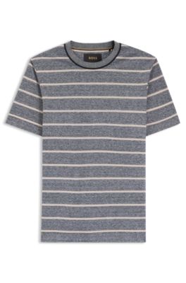 Camiseta a rayas horizontales de algod&oacute;n y lino, Azul oscuro