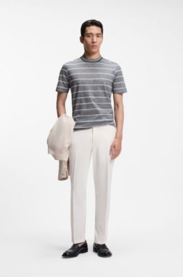 Camiseta a rayas horizontales de algod&oacute;n y lino, Azul oscuro