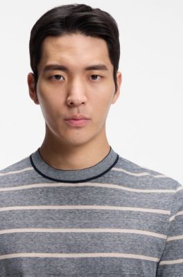 Camiseta a rayas horizontales de algod&oacute;n y lino, Azul oscuro