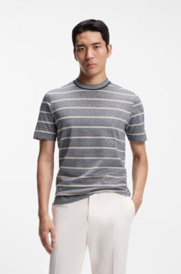 Cotton-linen T-shirt with horizontal stripe, Grey