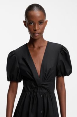 Vestido maxi de algod&oacute;n con parte delantera retorcida, Negro