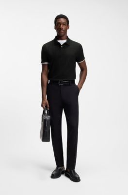 Vertical-stripe polo shirt in mercerised cotton, Black