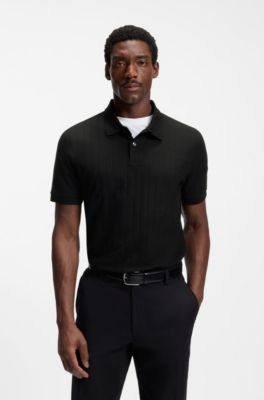 Vertical-stripe polo shirt in mercerised cotton, Black