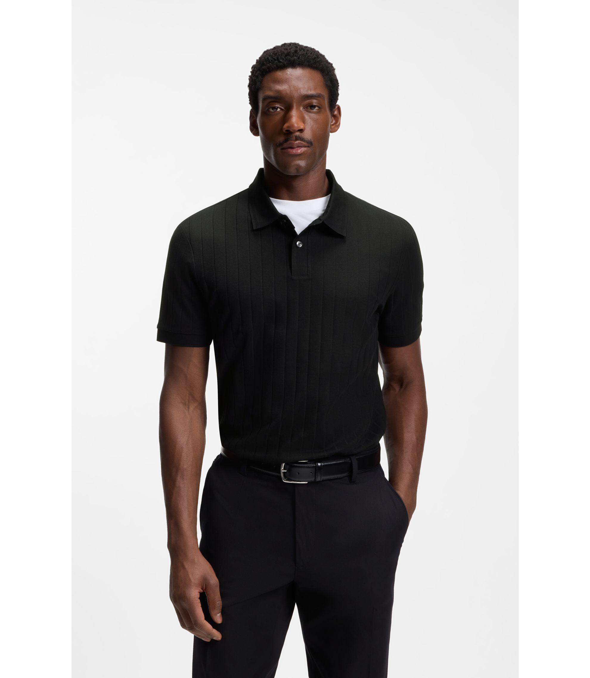 BOSS - Vertical-stripe polo shirt in mercerised cotton - Black