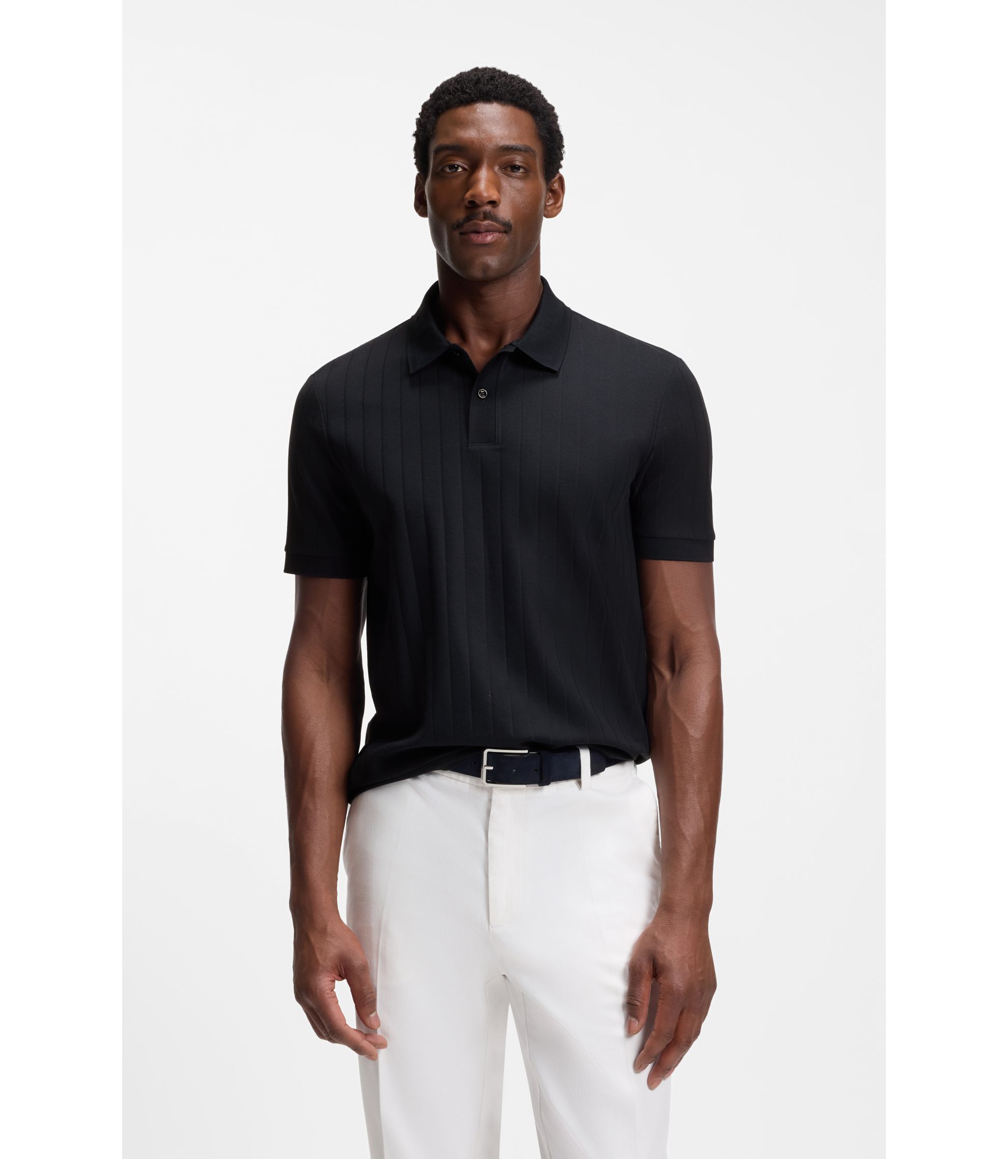BOSS - Vertical-stripe polo shirt in mercerised cotton - Dark Blue
