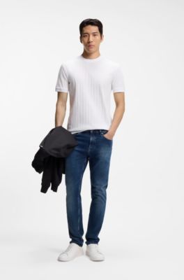 T-shirt en coton merceris&eacute; avec rayures structur&eacute;es, Blanc