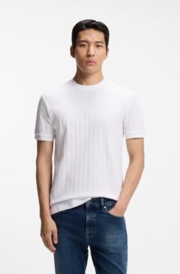 T-shirt en coton merceris&eacute; avec rayures structur&eacute;es, Blanc