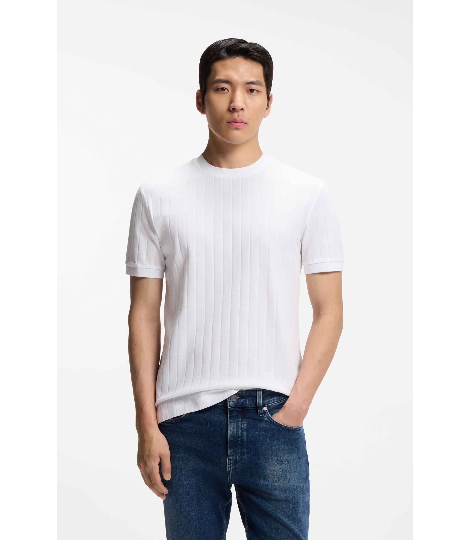 BOSS - Vertical-stripe T-shirt in mercerised cotton - White