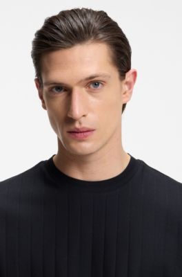 T-shirt en coton merceris&eacute; avec rayures structur&eacute;es, Bleu fonc&eacute;