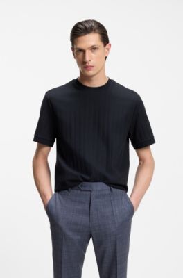 Vertical-stripe T-shirt in mercerised cotton, Dark Blue