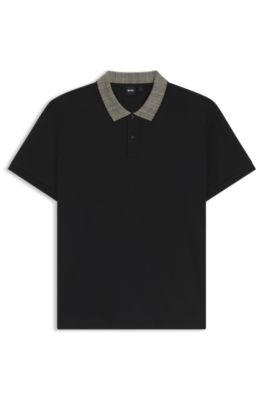 Pima-cotton polo shirt with patterned collar, Black