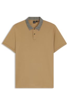 Polo en coton Pima avec col &agrave; motif, Beige